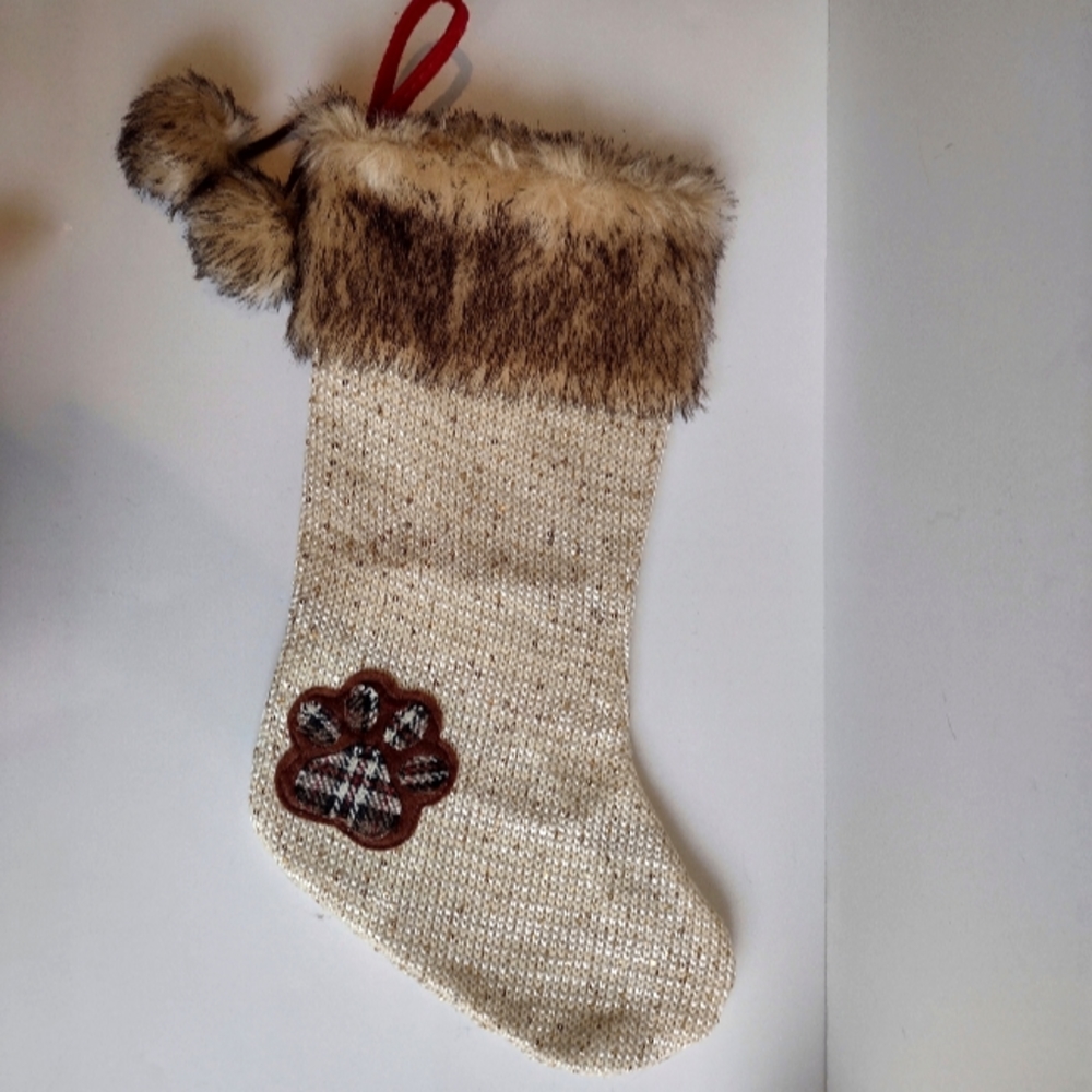 Christmas / Holiday Stocking Decoration with Faux Fur and Plaid Dog Paw